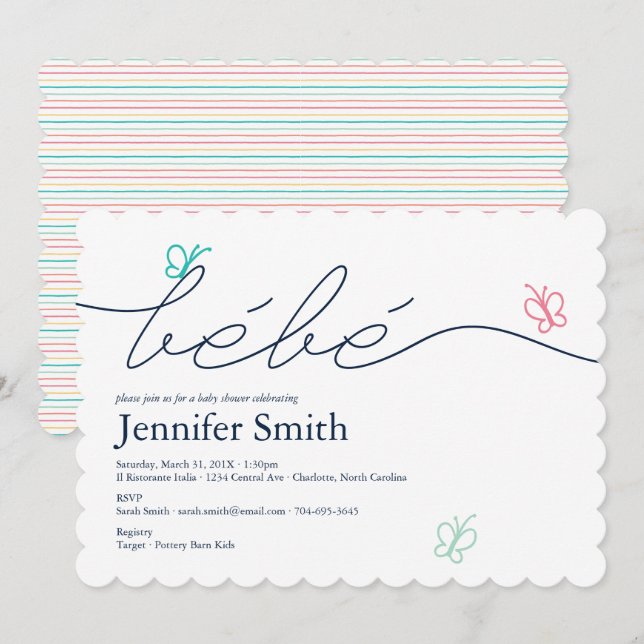 Convite Chá de fraldas Simples de Borboleta de Bebida Fran (Frente/Verso)