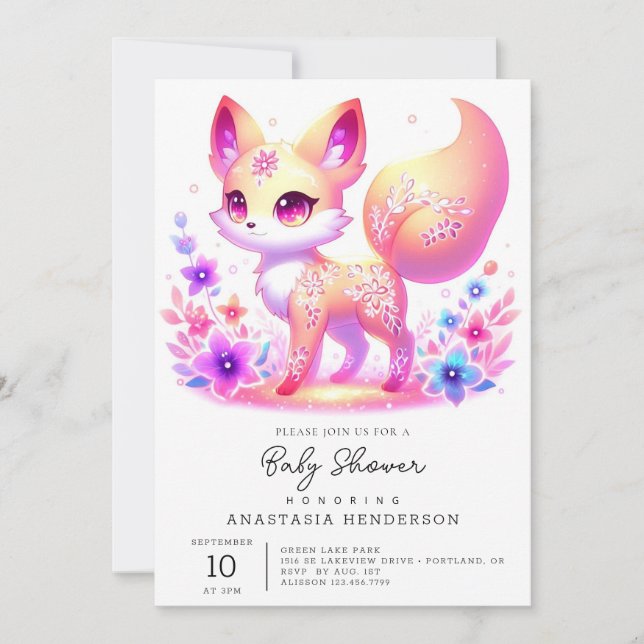 Convite Chá de fraldas Simples de Pastel de Fox da Florest (Frente)