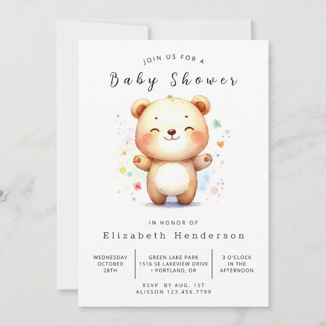 Convite Chá de fraldas simples do urso digital (Frente)