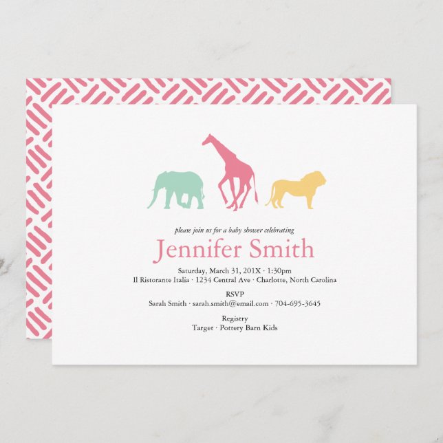 Convite Chá de fraldas Simples Safari Animal Silhouette Gi (Frente/Verso)