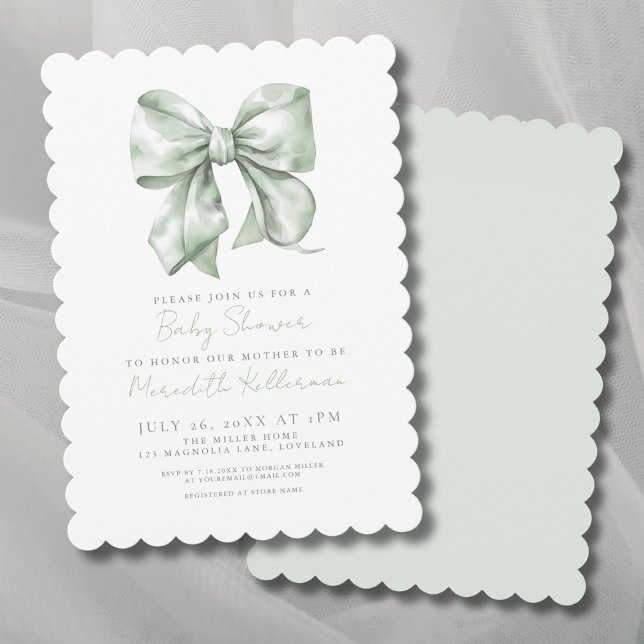 Convite Chá de fraldas Simples Verde Sage (Sage Green Simple Bow Baby Shower Invitation)
