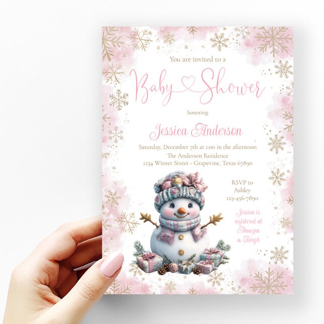 Convite Chá de fraldas Snowflake Dourado rosa Snowman (Girl snowman baby shower invitation with pretty pink and gold snowflakes.)