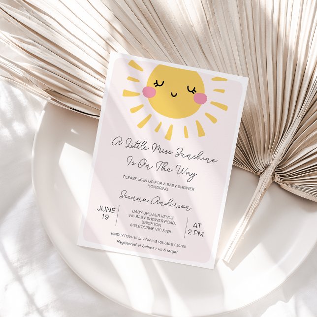 Convite Chá de fraldas Sol Rosa Moderno Pequena Miss Sol (Sunshine Baby Shower Invitation Template, A Little Sunshine is on the way Baby Shower Invitation )