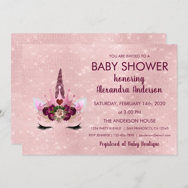 Convite Chá de fraldas Sparkle Dourado Girly Rosa (Frente/Verso)