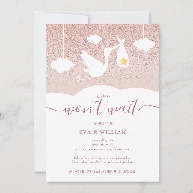 Convite Chá de fraldas, Sprinkle Cancelation Stork Glitter (Frente)