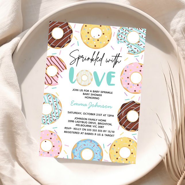 Convite Chá de fraldas Sprinkle de Bebê do Rosquinha Multi (Multicolored Gender Neutral Sprinkled with Love Baby Shower Invitation Baby Sprinkles Invite Donuts)