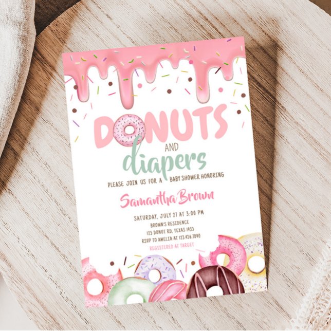 Convite Chá de fraldas Sprinkle do Rosquinha e Fralda (Pink Donuts Girl Baby Shower Invitation)
