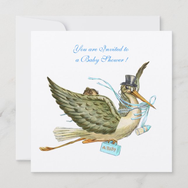 Convite CHÁ DE FRALDAS STORK, metal branco de champanhe (Frente)