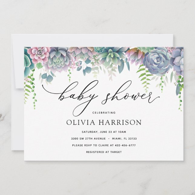 Convite Chá de fraldas Suculento Roxo e Verde (Frente)