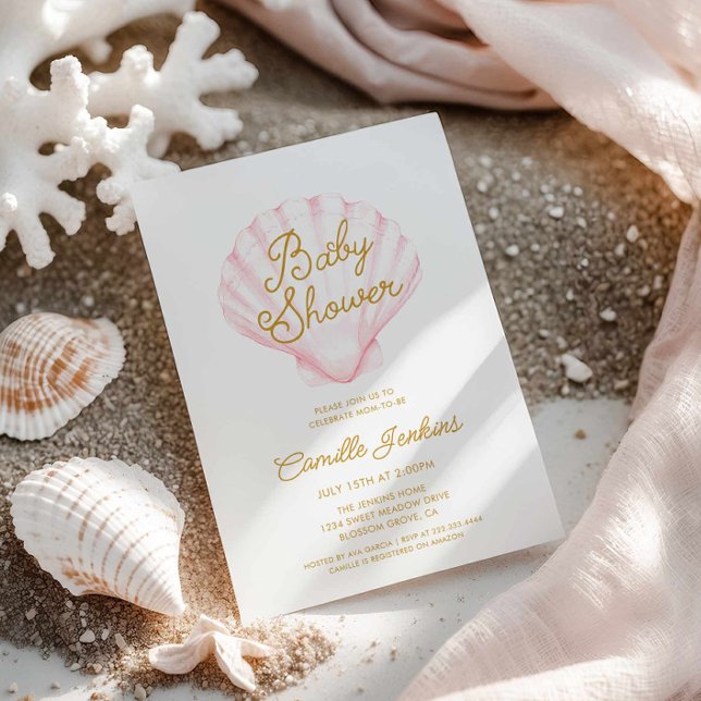 Convite Chá de fraldas Summer Beach Shell (Pink Girl Beach Baby Shower Invitation)