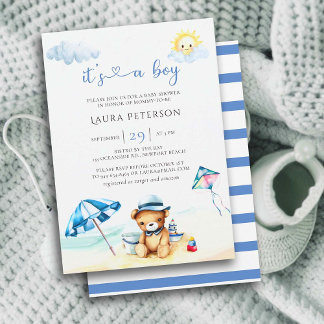 Convite Chá de fraldas Sun Watercolor Bear Bear Bear Beach