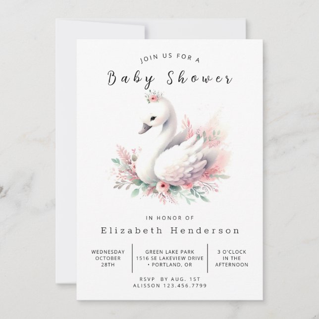 Convite Chá de fraldas Swan Editável Chic (Frente)
