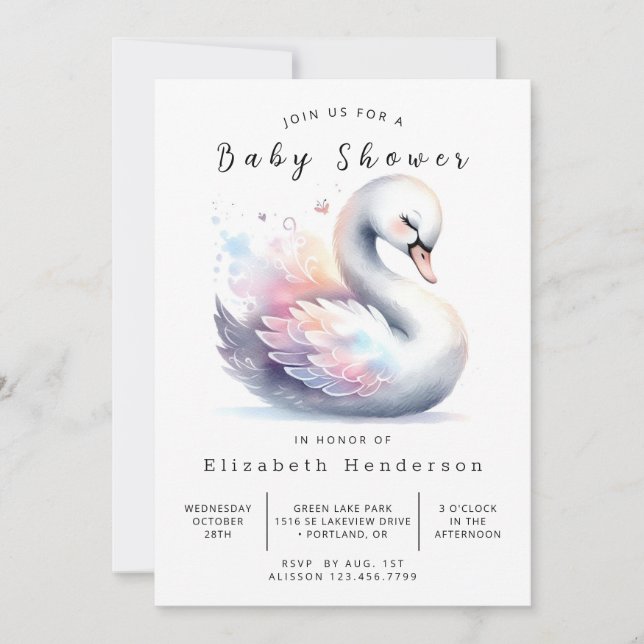 Convite Chá de fraldas Swan Imprimível Whimsy (Frente)