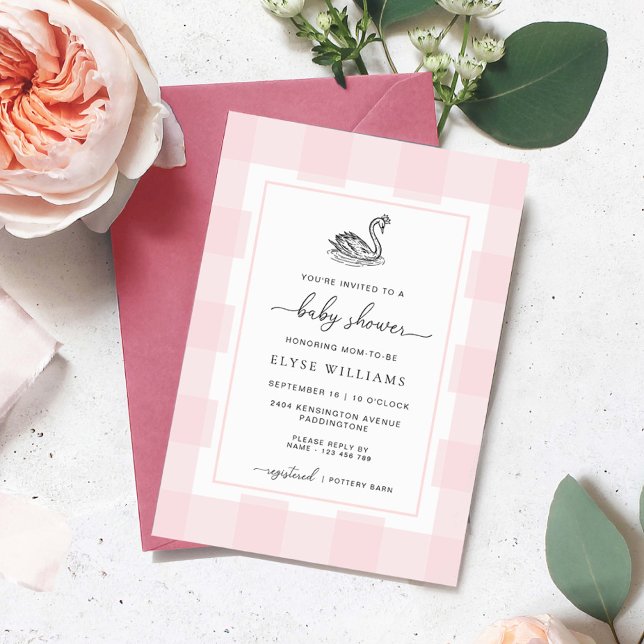 Convite Chá de fraldas Swan Pink Gingham (Swan Baby Shower Invitation Pink Gingham)