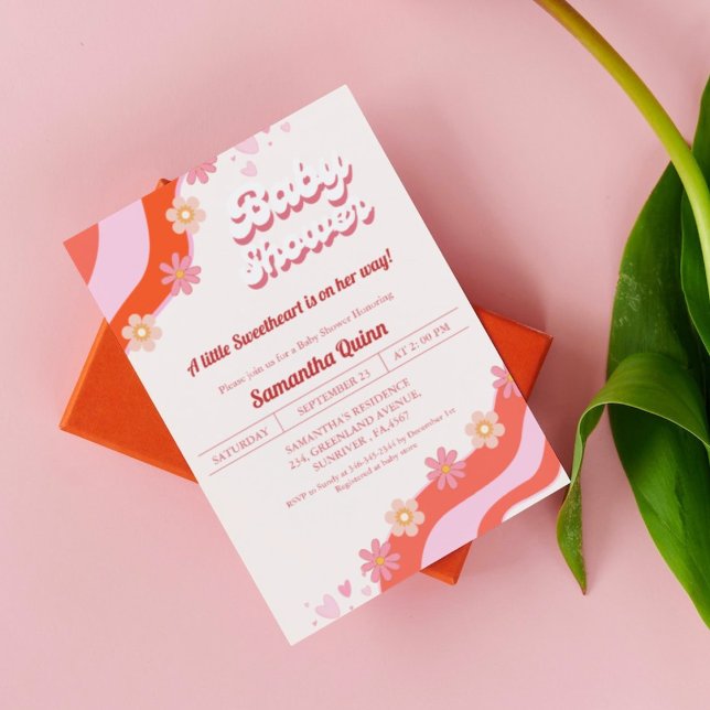 Convite Chá de fraldas Sweetheart do Namorados Groovy Retr (Criador carregado)