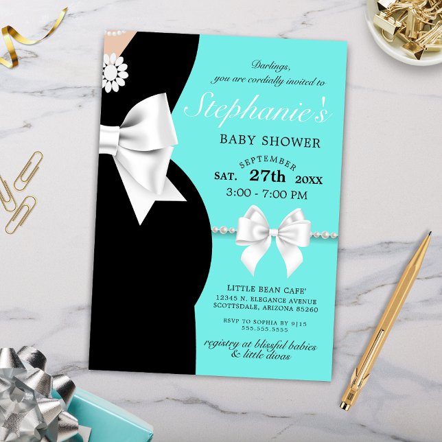 Convite Chá de fraldas Tema da Tiffany do Grelha Azul Eleg (Elegant Little Black Dress Bows and Pearls Baby Shower Invitation with Tiffany Theme)