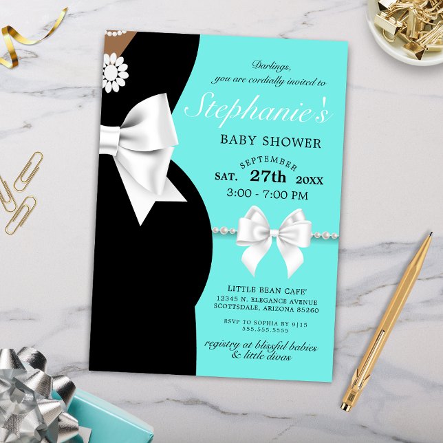 Convite Chá de fraldas Tema da Tiffany Étnica Azul-Teal El (Latina Hispanic Baby Shower Invitation with Medium Brown Skin Tones for Tiffany Baby Shower Theme)
