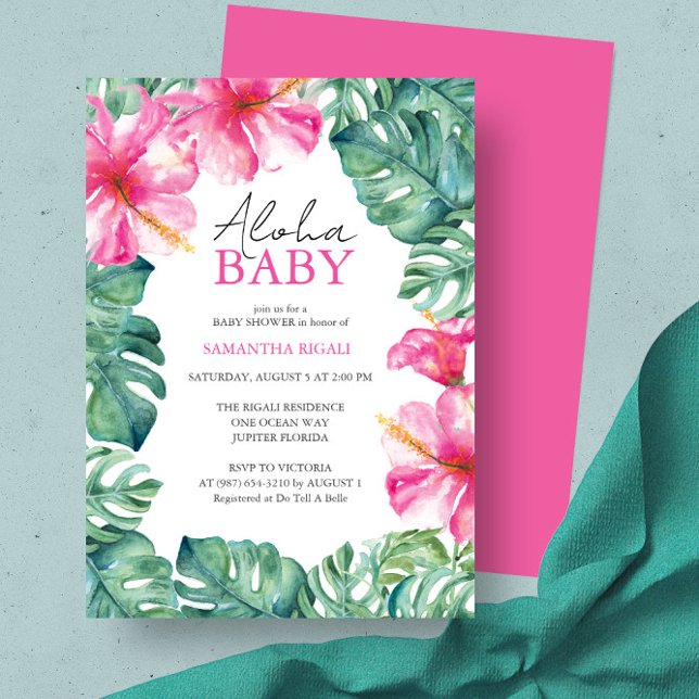 Convite Chá de fraldas Tema Tropical de Luau (Luau baby shower ideas feature hibiscus flower invitation unique art by Victoria Grigaliunas)