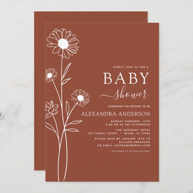 Convite Chá de fraldas Terracotta Burnt Orange (Frente/Verso)