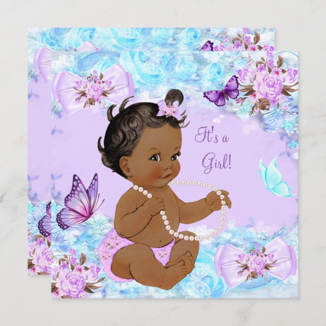 Convite Chá de fraldas-Teto-Roxo-Borboleta Etnia (Frente/Verso)