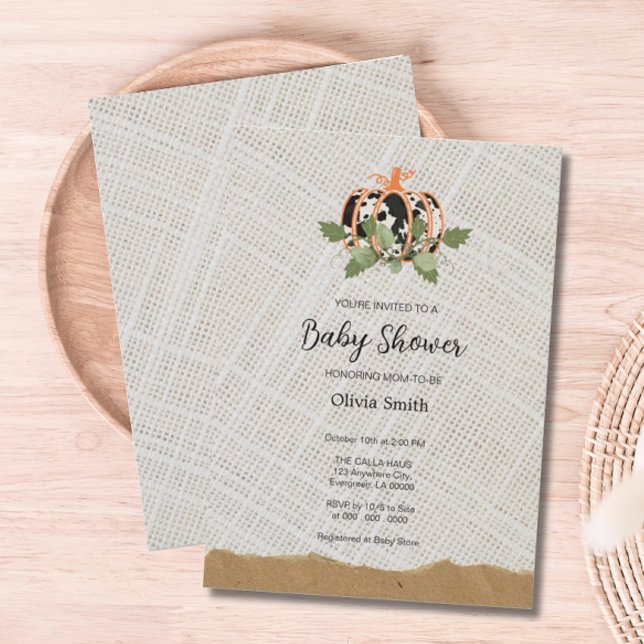 Convite Chá de fraldas Têxtil de Pumpkin Preto e Branco (Black and White Pumpkin Textile Baby Shower Invite)