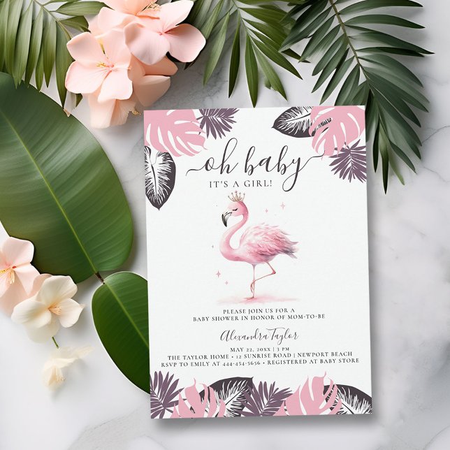 Convite Chá de fraldas Tropical de Garota Flamingo Tiara (pink flamingo baby girl shower invitation cute watercolor tropical invite purple blush summmer fun)