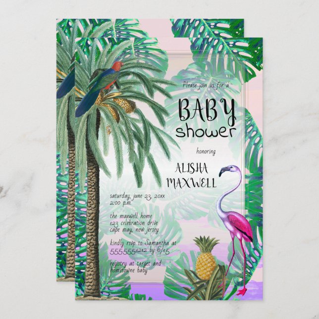 Convite Chá de fraldas Tropical de Paraíso Verde Boho (Frente/Verso)