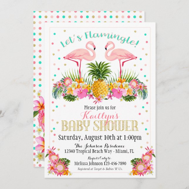 Convite Chá de fraldas tropical do abacaxi do flamingo (Frente/Verso)