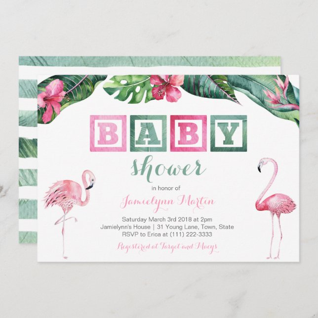 Convite Chá de fraldas Tropical Flamingo Invites, folhagem (Frente/Verso)