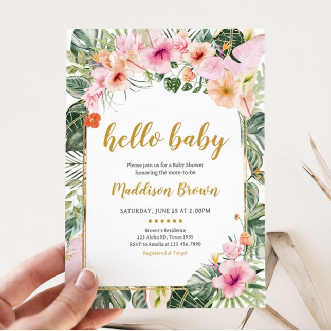 Convite Chá de fraldas Tropical Floral Aloha (Girl Hawaiian Baby Shower Invitation)