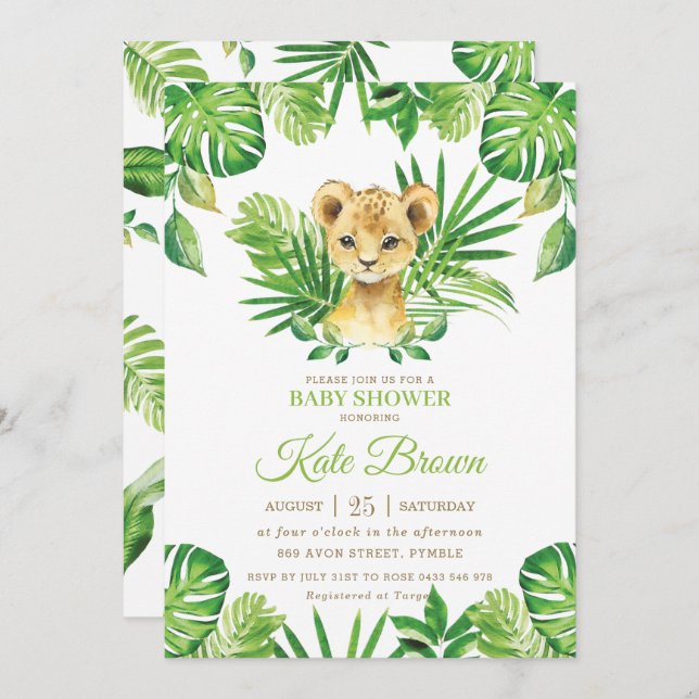 Convite Chá de fraldas Tropical Greenery Boy Cute Lion Cub (Frente/Verso)