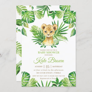Convite Chá de fraldas Tropical Greenery Boy Cute Lion Cub