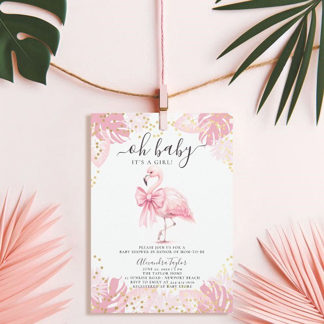 Convite Chá de fraldas Tropical Ra Flamingo Coquette (pink flamingo girl baby shower invitation bow coquette watercolor tropical botanical foliage cute)
