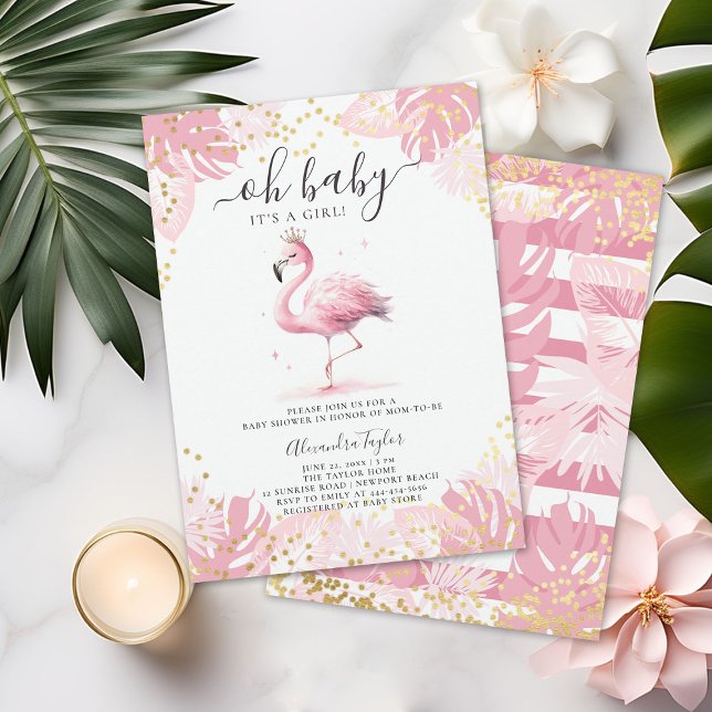 Convite Chá de fraldas Tropical Tiara Dourado Flamingo Ros (pink flamingo baby girl shower invitation cute watercolor tropical invite gold stripes polka dots)
