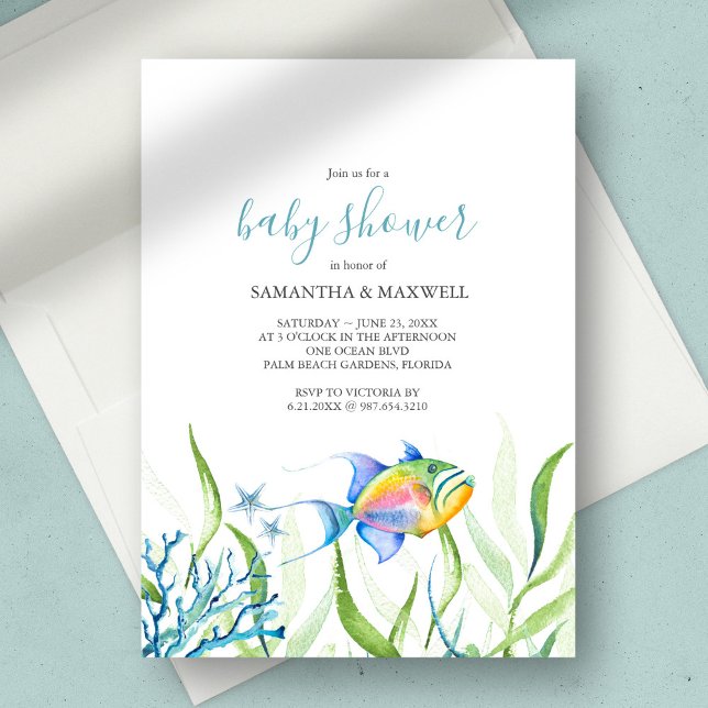 Convite Chá de fraldas Tropical Watercolor (Boy Baby Shower Tropical Watercolor Invitation are and design by Victoria Grigaliunas )