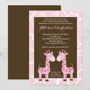 Convite Chá de fraldas Twin Pink Giraffe Girl Twins Convi