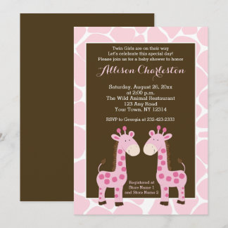 Convite Chá de fraldas Twin Pink Giraffe Girl Twins Convid