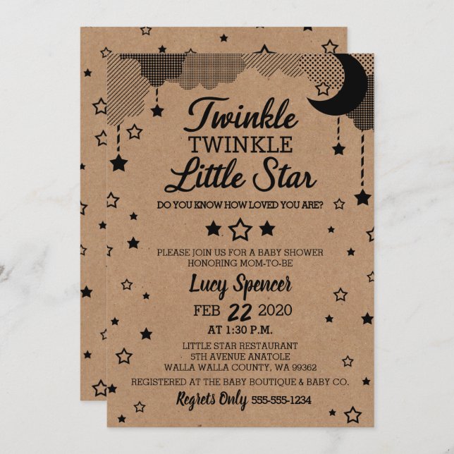 Convite Chá de fraldas Twinkle Twinkle Little Star Kraft (Frente/Verso)