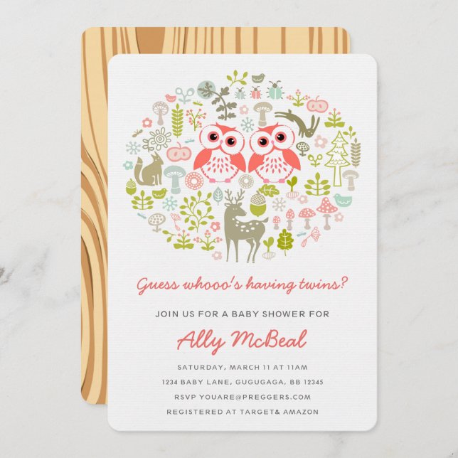 Convite Chá de fraldas Twins Convidam Garotas Rosa (Frente/Verso)