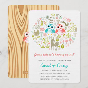 Convite Chá de fraldas Twins de Coruja Convidam Garoto Gr