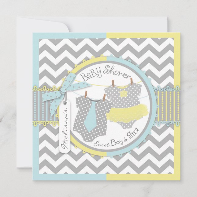 Convite Chá de fraldas Twins Tie Tutu Chevron (Frente)