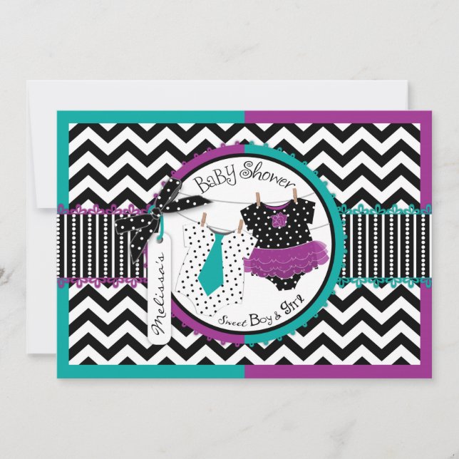 Convite Chá de fraldas Twins Tie Tutu Chevron (Frente)