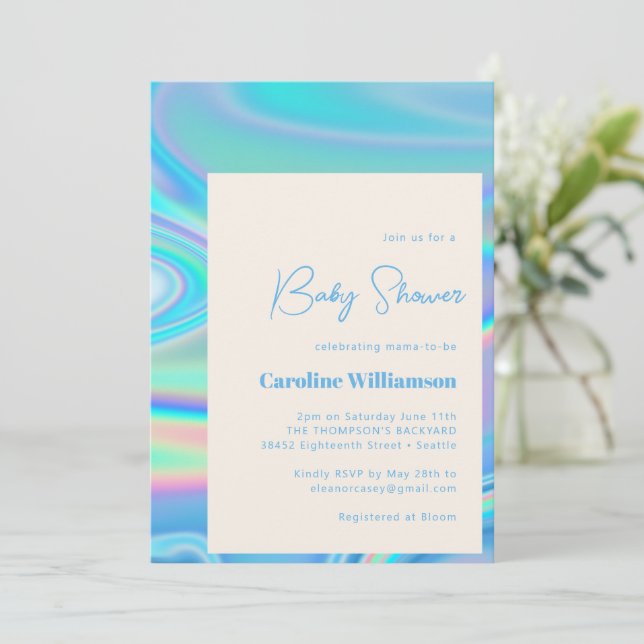 Convite Chá de fraldas Único Azul Iridescente e Abstrato R (Em pé/Frente)