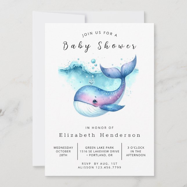 Convite Chá de fraldas único de baleia online (Frente)