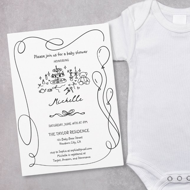 Convite Chá de fraldas Único de Portas Desenhadas à Mão Br (Cute Whimsical Hand Drawn Bear Baby Boy Shower Invitation with balloons frame)