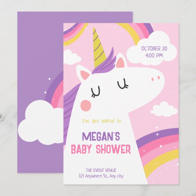 Convite Chá de fraldas Unicorn (Frente/Verso)