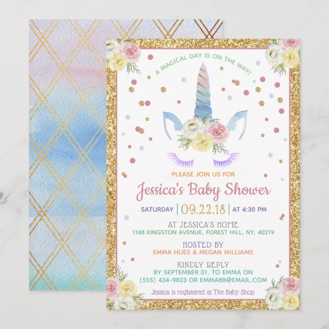 Convite Chá de fraldas Unicorn Chic Rainbow Watercolor (Frente/Verso)