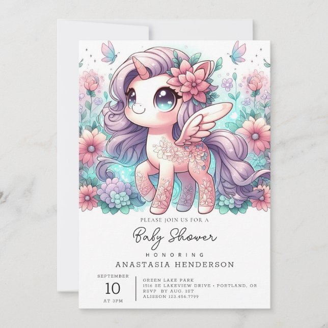 Convite Chá de fraldas Unicorn Doce Cartoon (Frente)