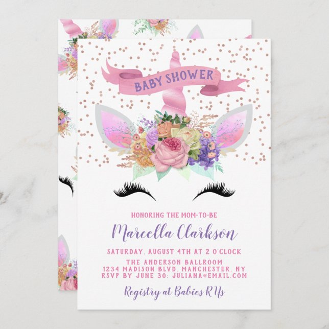 Convite Chá de fraldas Unicorn Floral Brilhante (Frente/Verso)