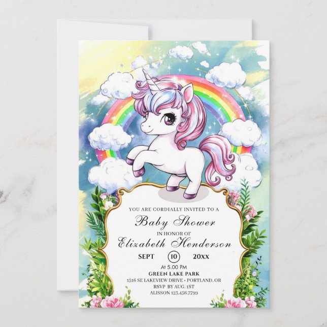 Convite Chá de fraldas Unicorn Personalizado de Aquarela (Frente)